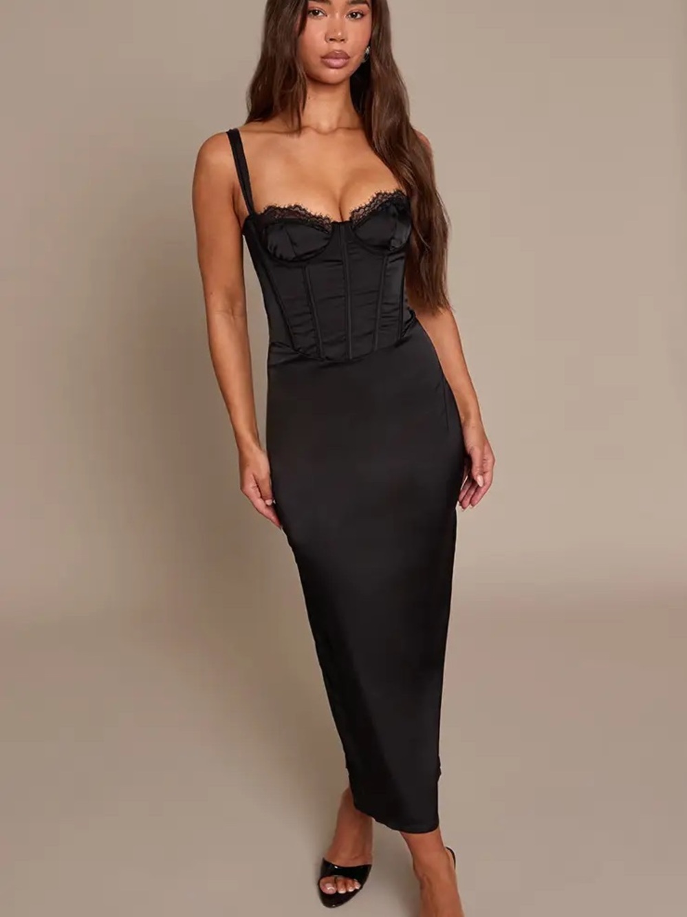 Pretty little thing Black Lace-Trim Bustier Satin Slip Dress